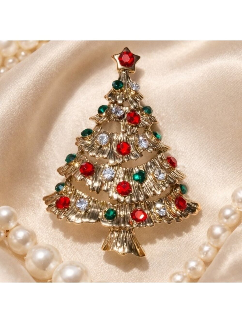 Christmas Tree Gold Crystal Brooch